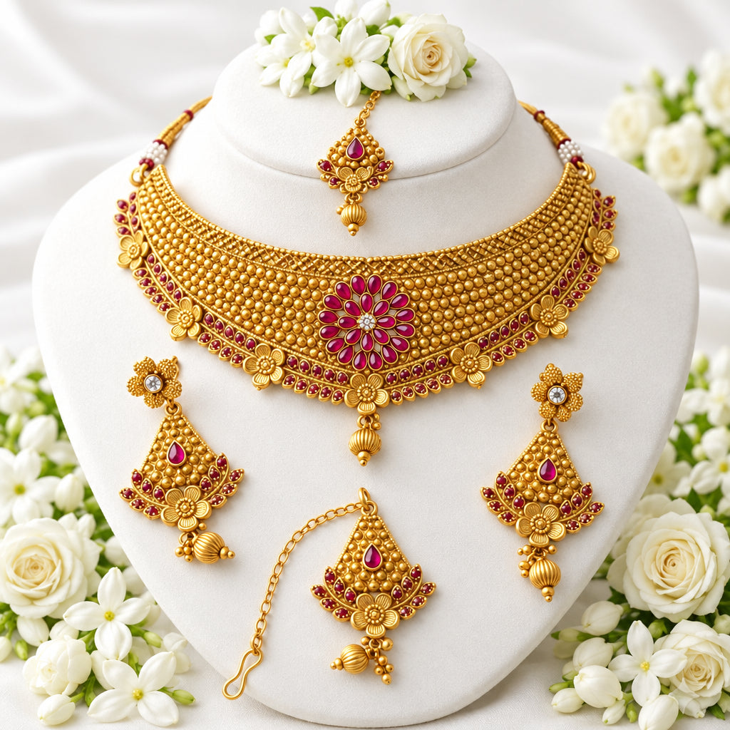 Traditional Bridal Jewelry Set – Gold-Plated Choker, Drop Earrings & Maang Tikka