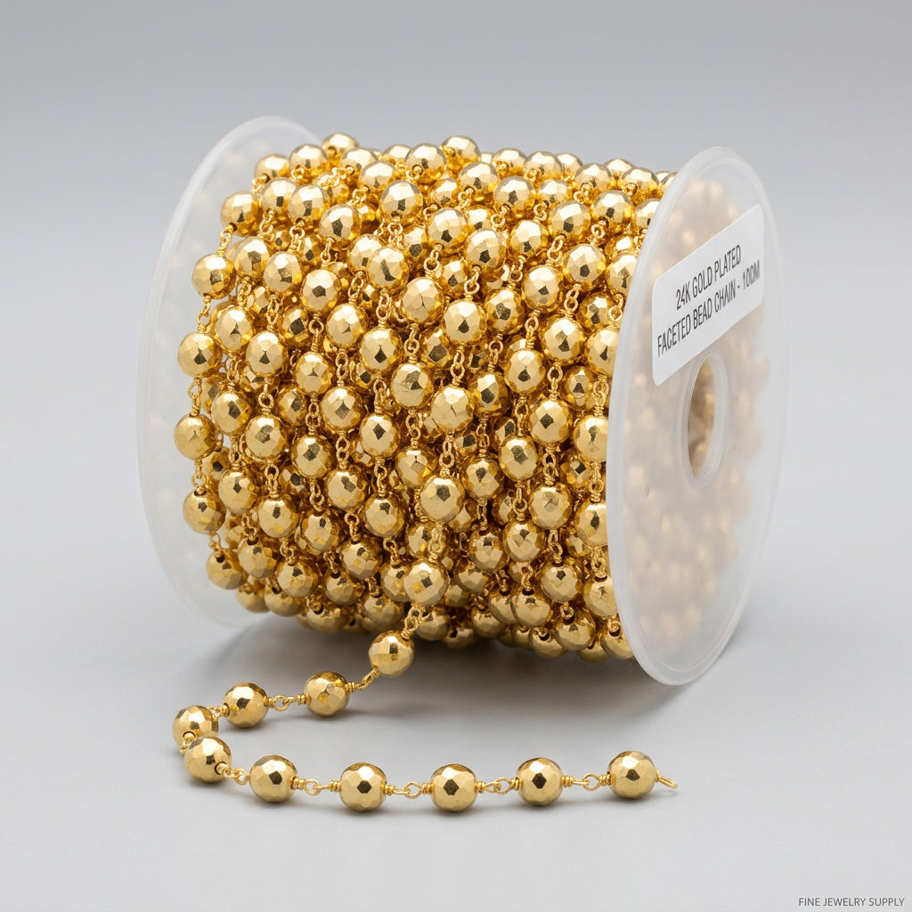 Pyrite Faceted Coin Rosary Beaded Chain Permanent Bracelet