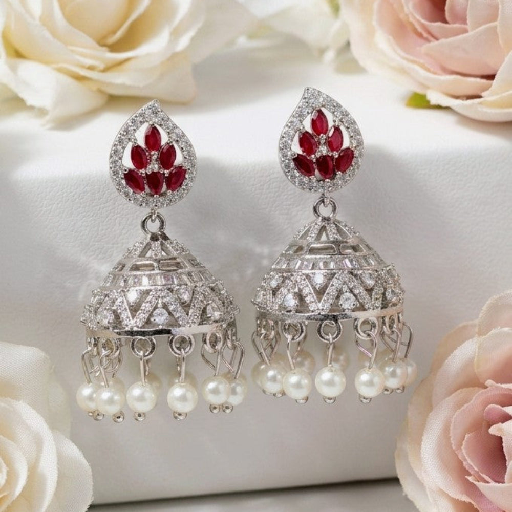 Silver-Toned Cubic Zirconia Jhumka Earrings with Pearl Danglers