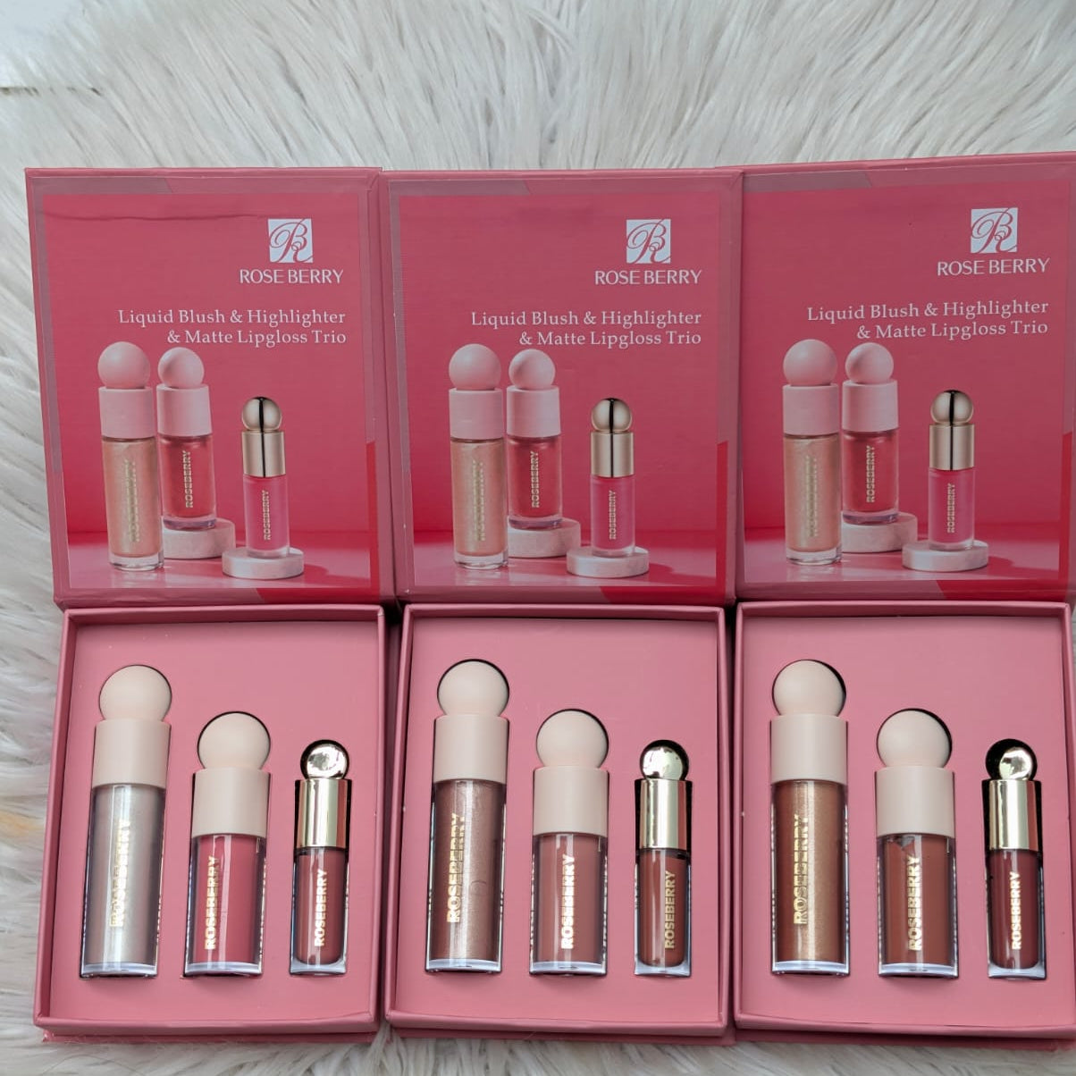 Rose Berry Liquid Blush, Highlighter & Matte Lipgloss Trio set
