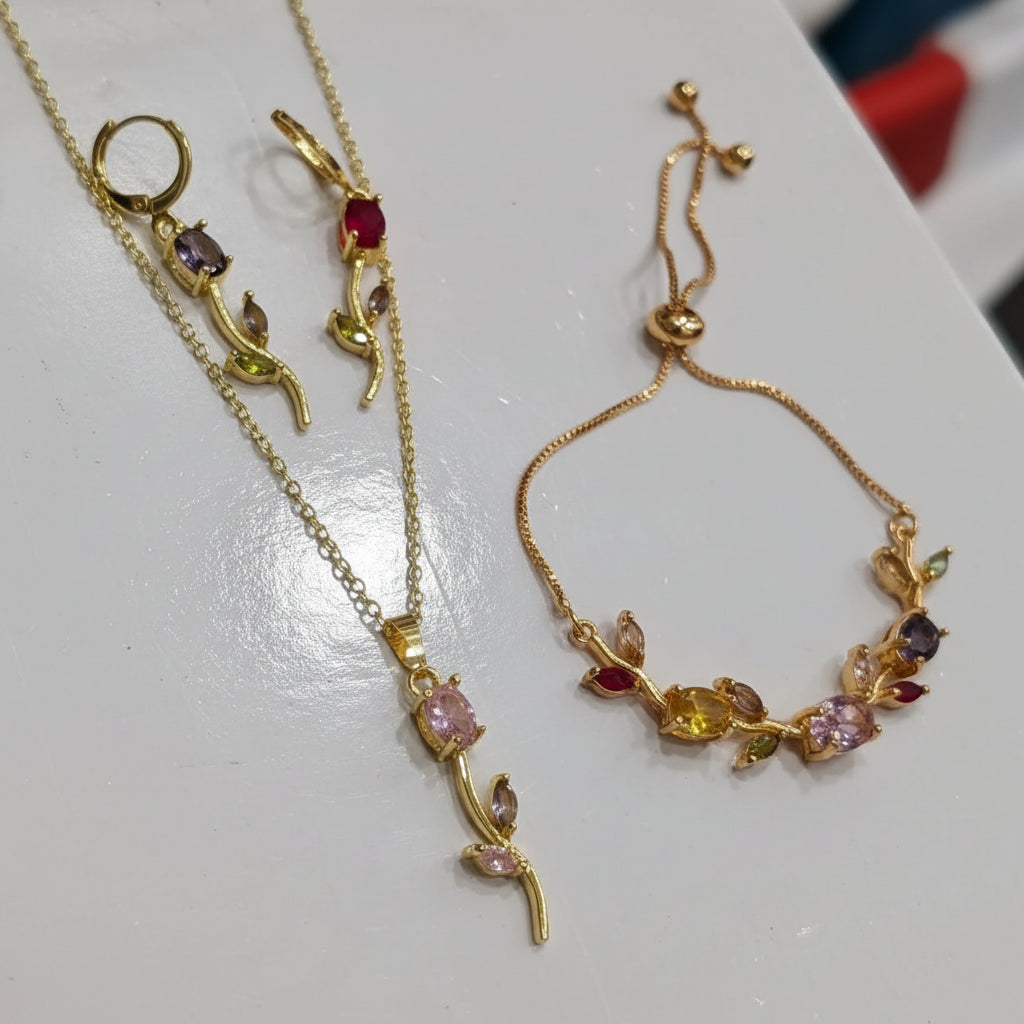 Multicolor Gemstone Floral Branch Jewelry Set