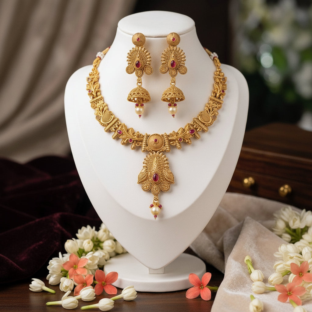 Heritage Filigree Necklace Set - Antique Gold & Crimson - Each