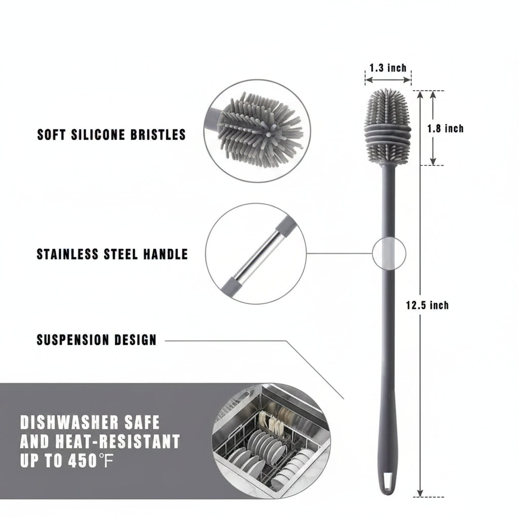 Silicone Brush for Bottle Feeder Brush, with 13" Long Handle for Water Bottles