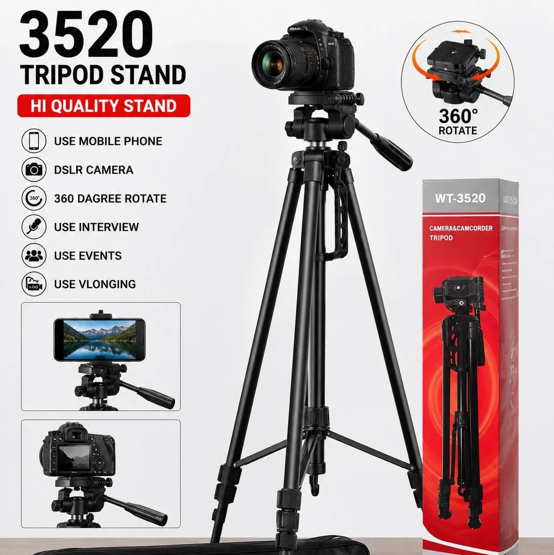 WT-3520 Aluminum Tripod Stand – Adjustable Lightweight Camera & Phone Tripod