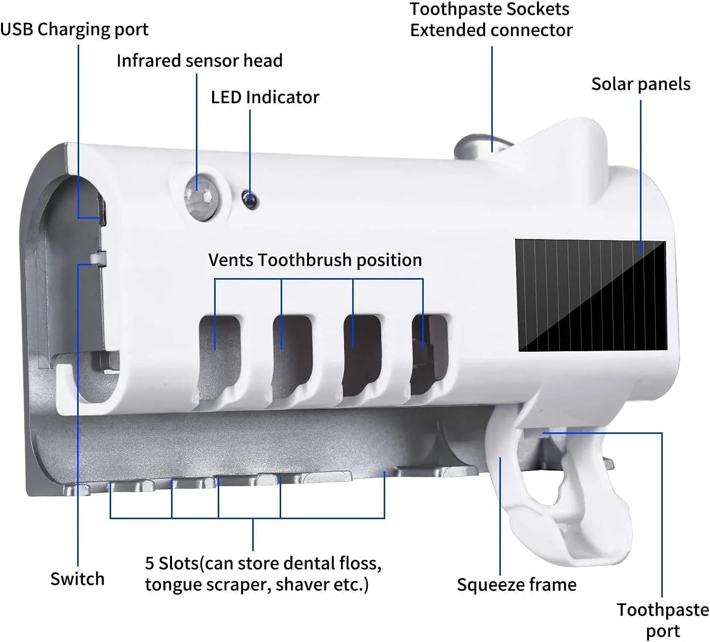 UV Toothbrush Sterilizer/Rechargeable Solar Power LED Disinfection Wall Mounted Toothbrush Holder