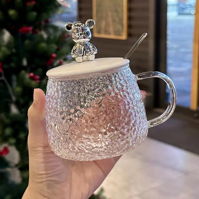 Cute Glass Coffee Mug Milk Cup With Spoon And Cartoon Bear Silicone Lid
