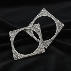 Juhi Square-Design Silver Oxidised Bangles - 2 Pcs Set