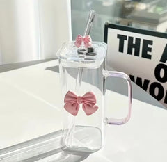 Square Glass Tumbler with Double Bows & Straw – Elegant Drinkware