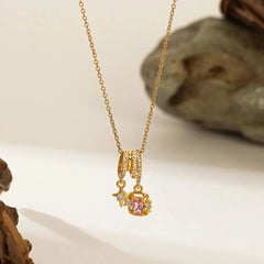 Gold Plated Pink Zircon Gemstone & Star Dangle Pendant Necklace