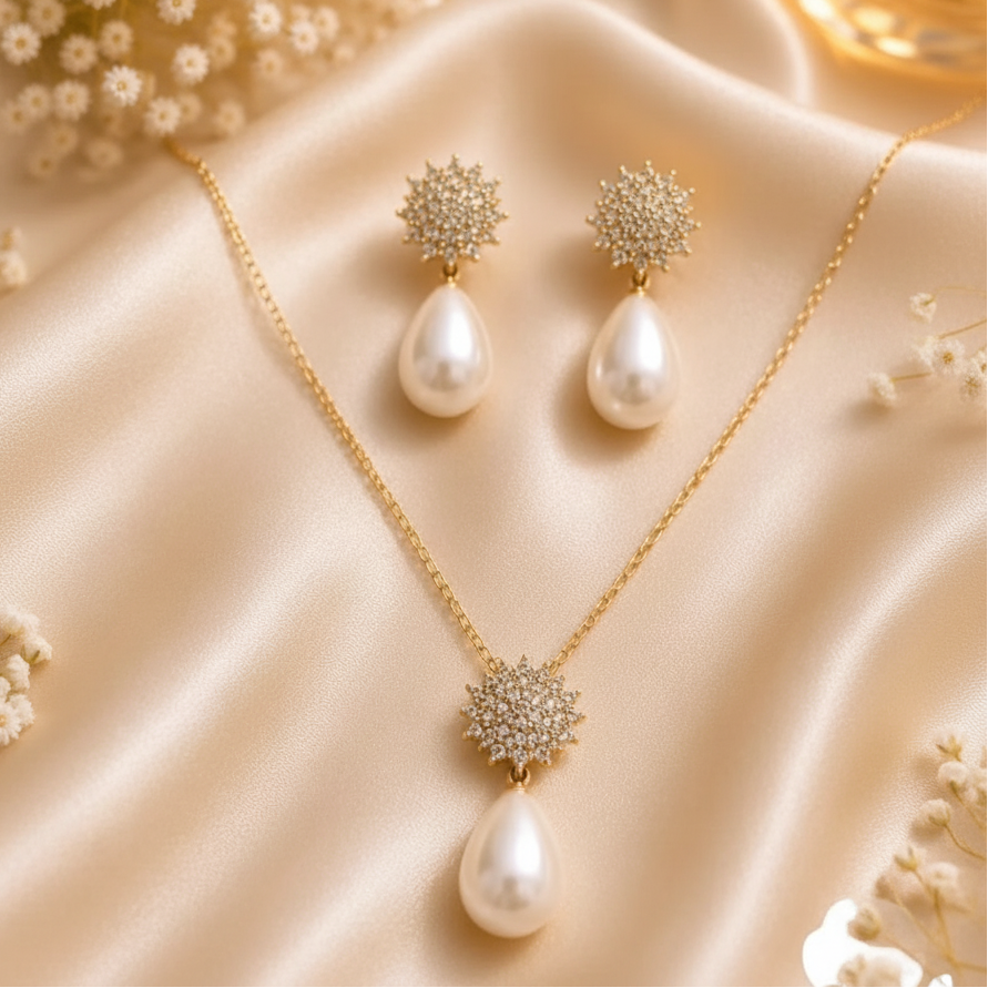 Elegant Pearl Drop & Rhinestone Floral Jewellery Set