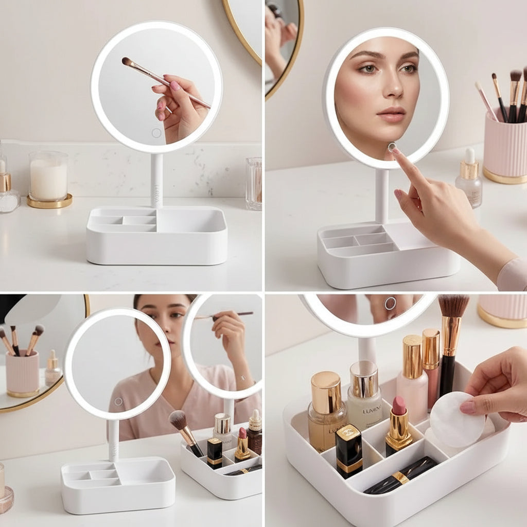 LED Makeup Lamp Mirror with Built-in Organizer Base – Each