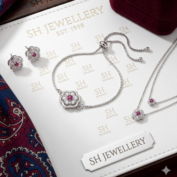 Silver Cherry Blossom Ruby 3-Piece Jewelry Set
