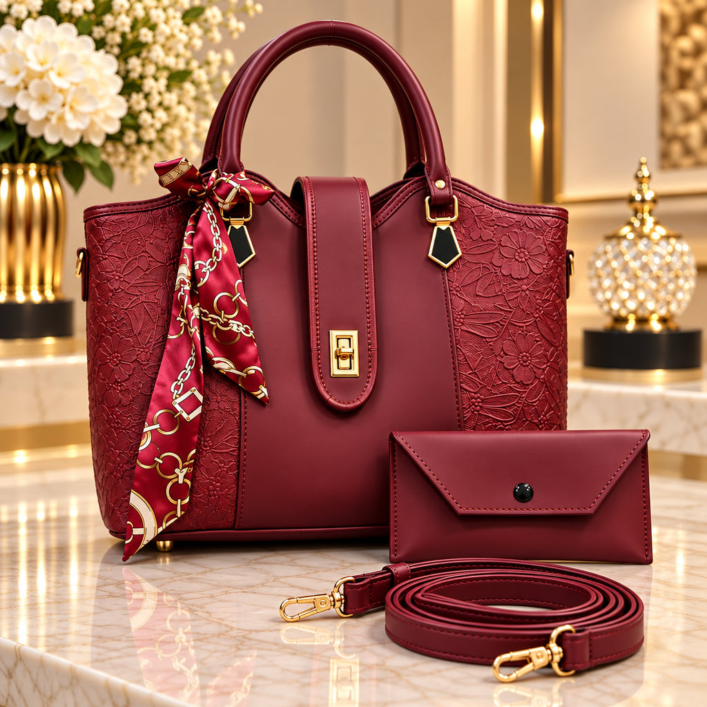 Embossed Floral Leather Womens Handbag Set