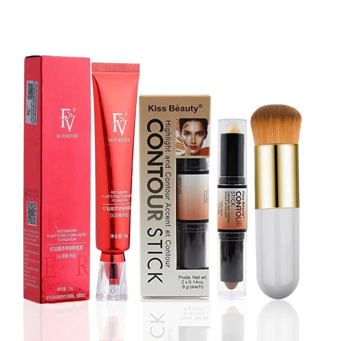 Flawless Base Makeup Combo – Foundation, Contour Stick & Blending Brush (3pcs Set)