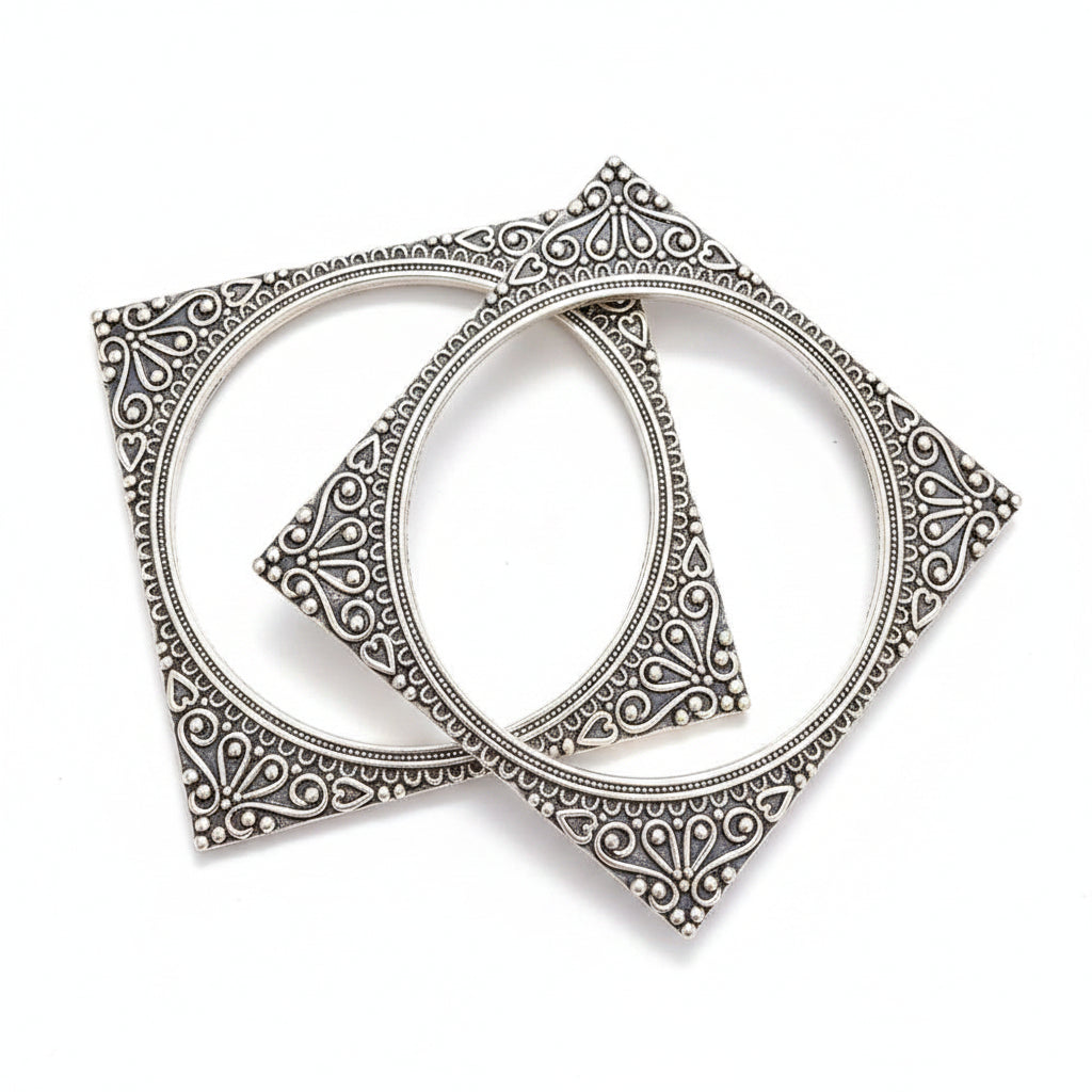 Juhi Square-Design Silver Oxidised Bangles - 2 Pcs Set
