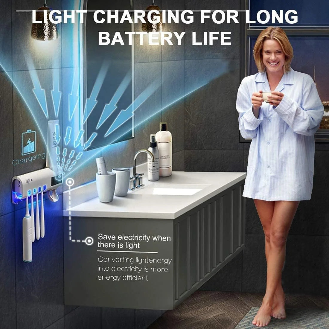 UV Toothbrush Sterilizer/Rechargeable Solar Power LED Disinfection Wall Mounted Toothbrush Holder