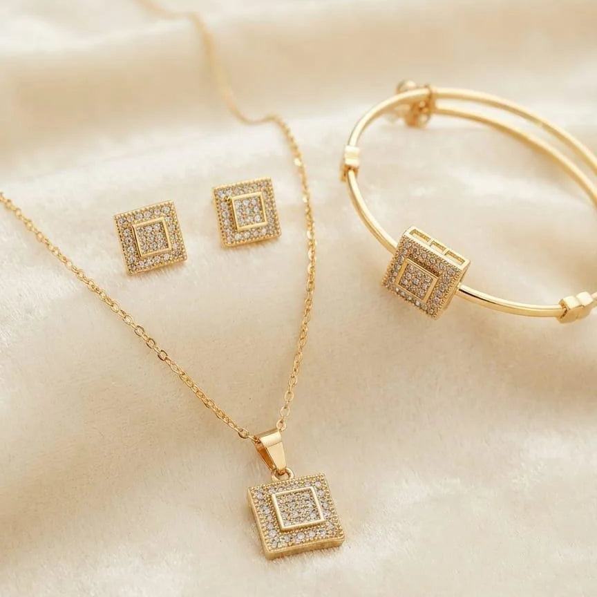 Gold Square Crystal Necklace Bangle and Earrings Jewelry Set