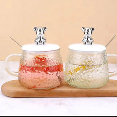 Cute Glass Coffee Mug Milk Cup With Spoon And Cartoon Bear Silicone Lid