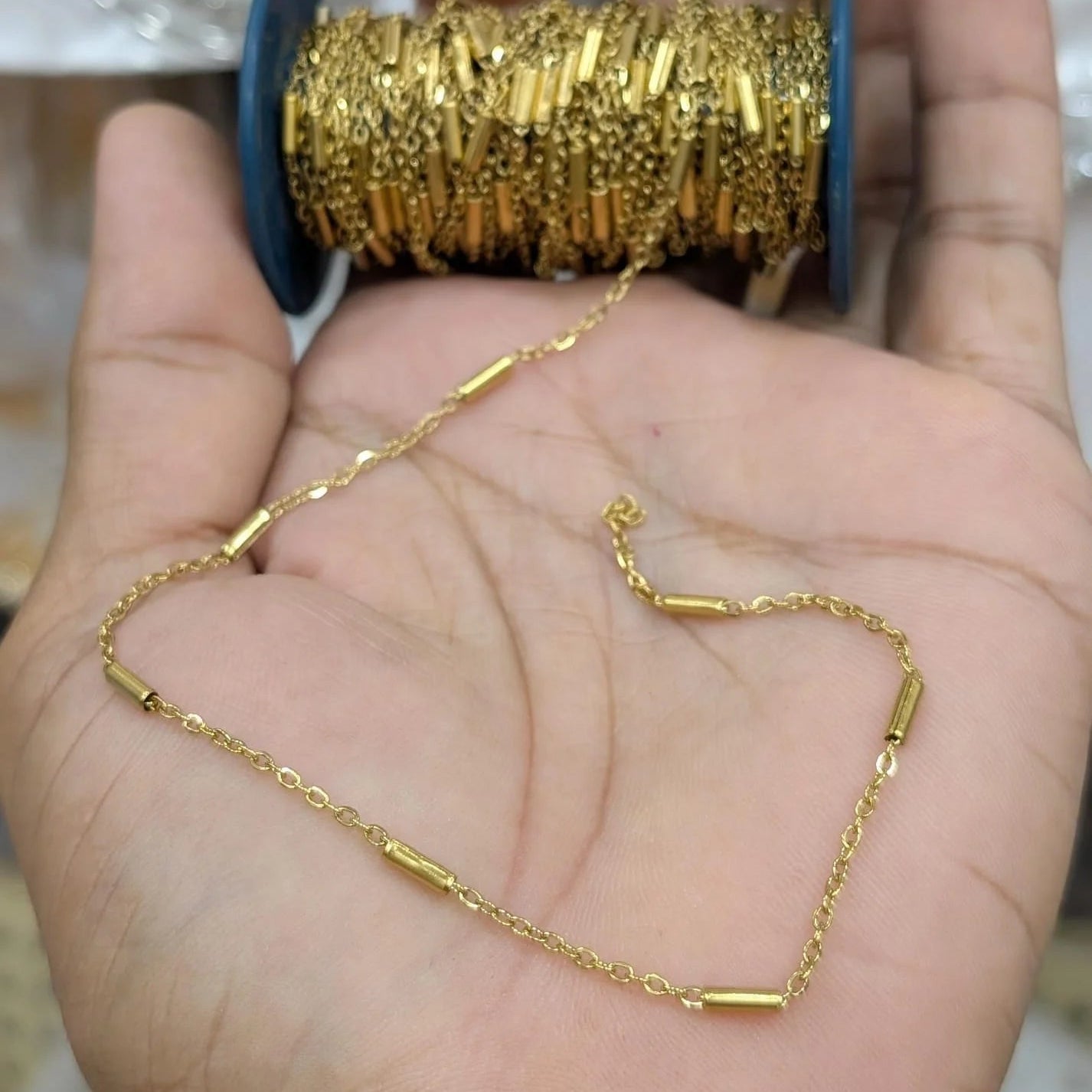 Gold Tube Bead Link Chain Spool Permanent Bracelet - 5m