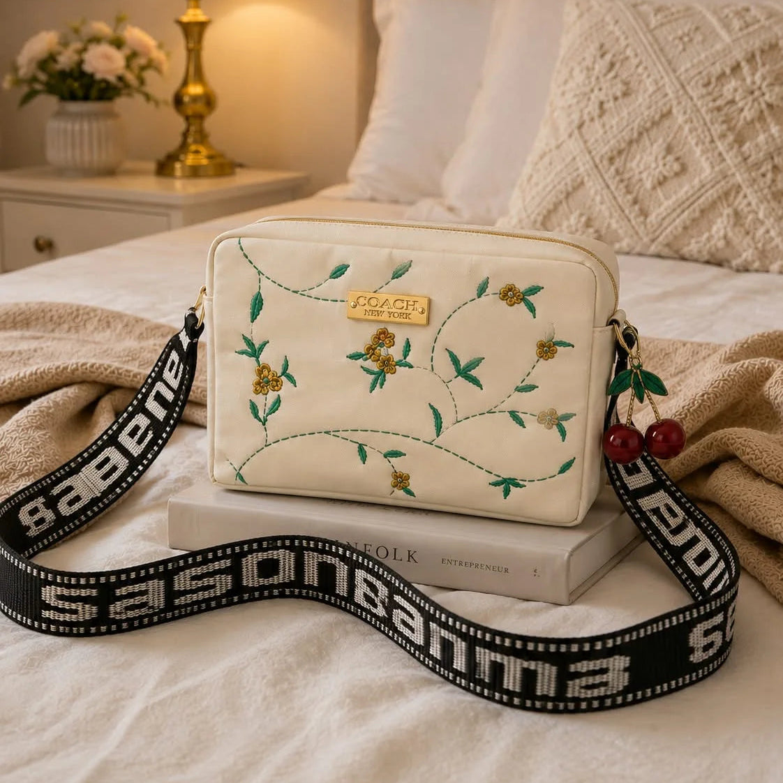 Coach Floral Crossbody Bag with Cherry Charm