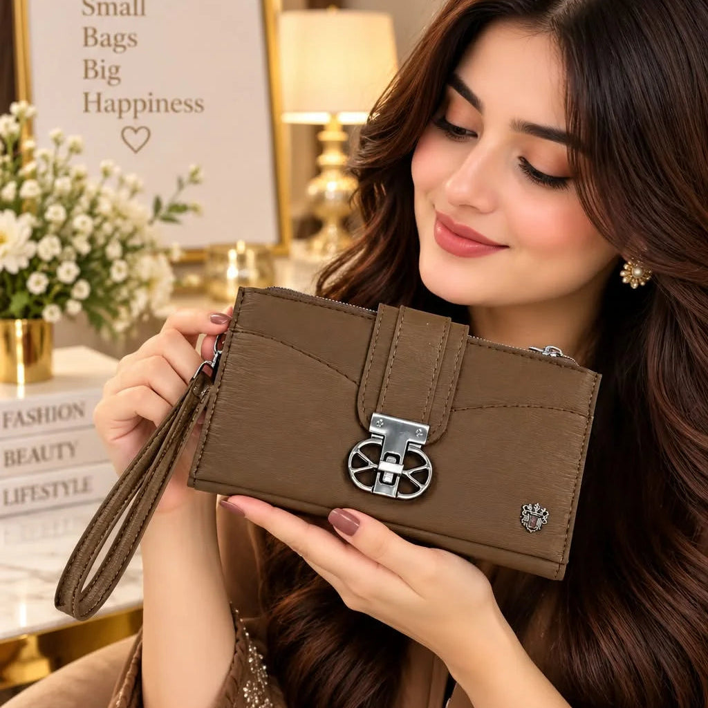 Womens Elegant Textured Faux Leather Wristlet Clutch