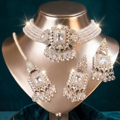 silver-tone multi-strand pearl choker necklace set