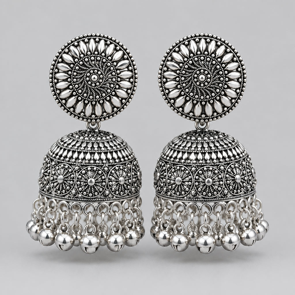 Traditional Silver Bahubali Jhumkas with Sahara Ear Chains