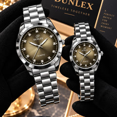 DUNLEX Luxury Couple Watch Pair Set – Brass Case, Steel Chain, Colorful Nugina Dial & Push-Button Lock