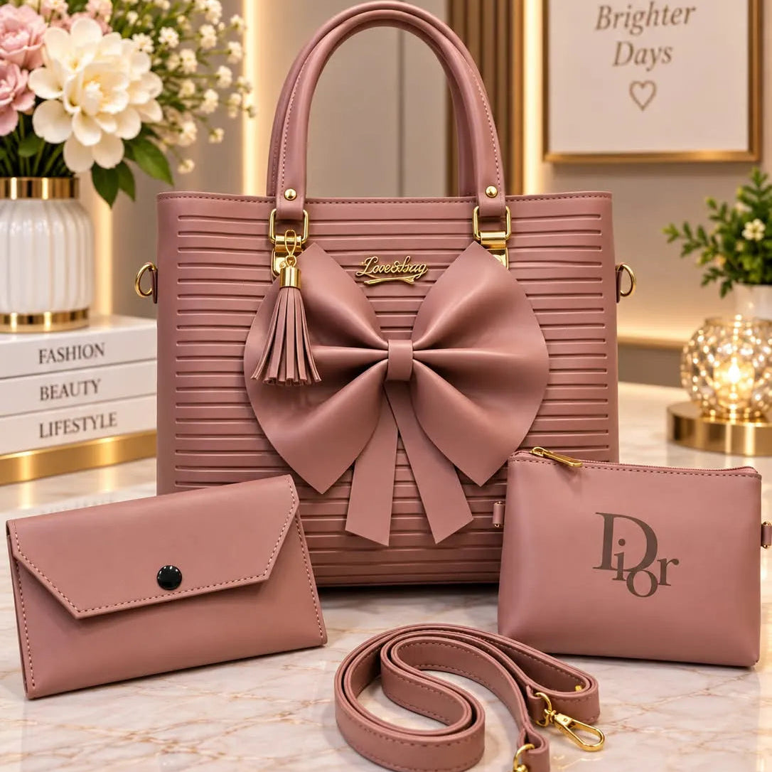 Ribbed Bow Handbag - 4 Piece Set