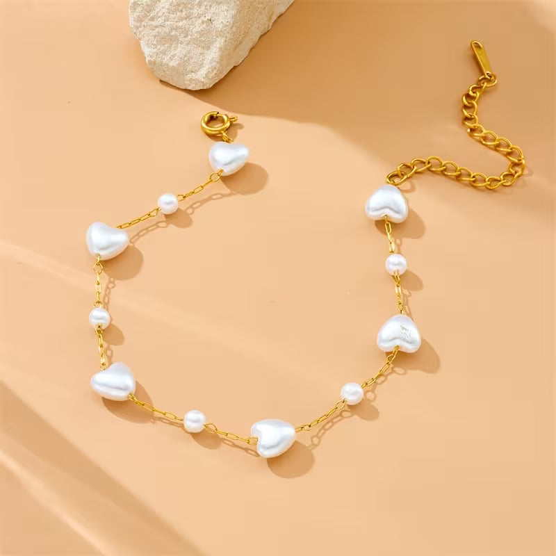 Stainless Steel Heart-Shaped Imitation Pearl Bracelet - Each