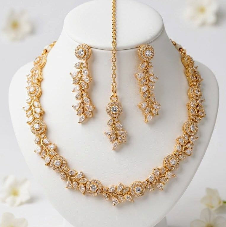 Elegant  Cubic Zirconia Leaf Design Jewelry Set
