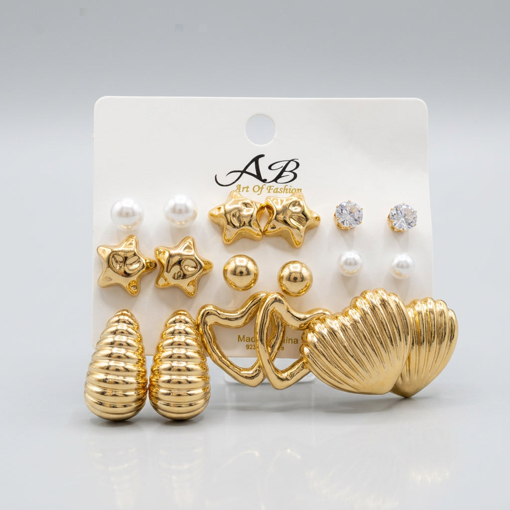Gold Plated Multi Piece Star, Heart & Shell Earring Set