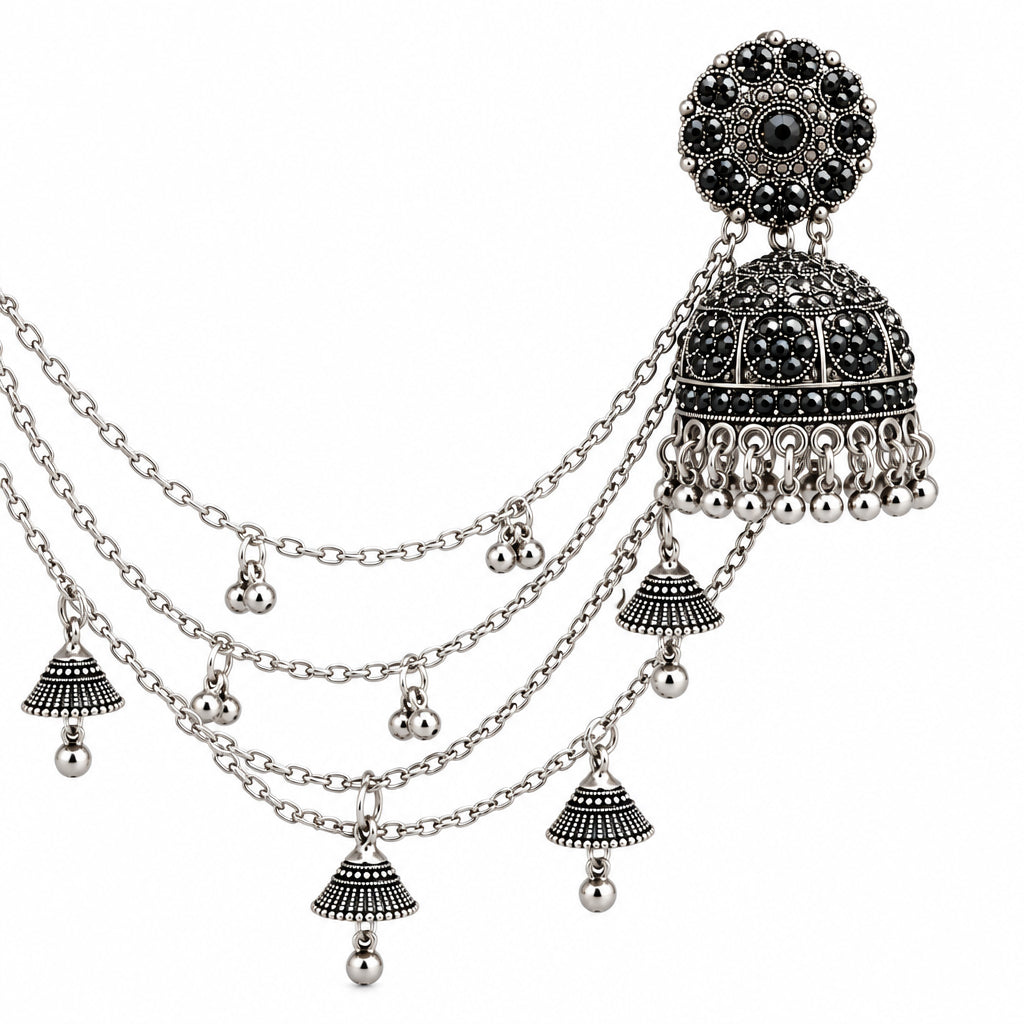 Black Stone Studded Oxidized Jhumkas with Sahara Chains