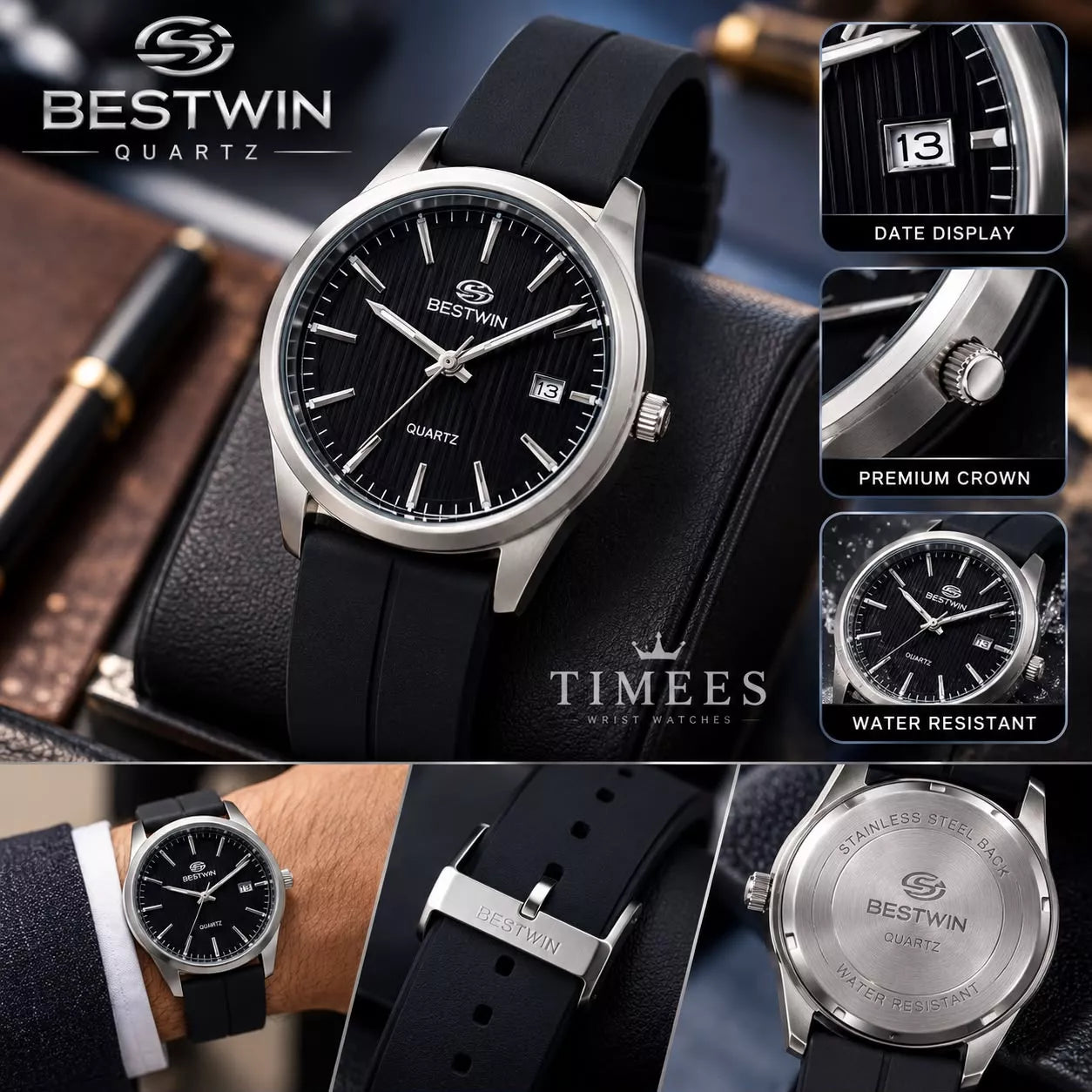 BESTWIN Stylish Gents Quartz Watch with Textured Dial - With Box