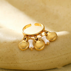 Stainless Steel Open Ring with Shell Charms & White Beads