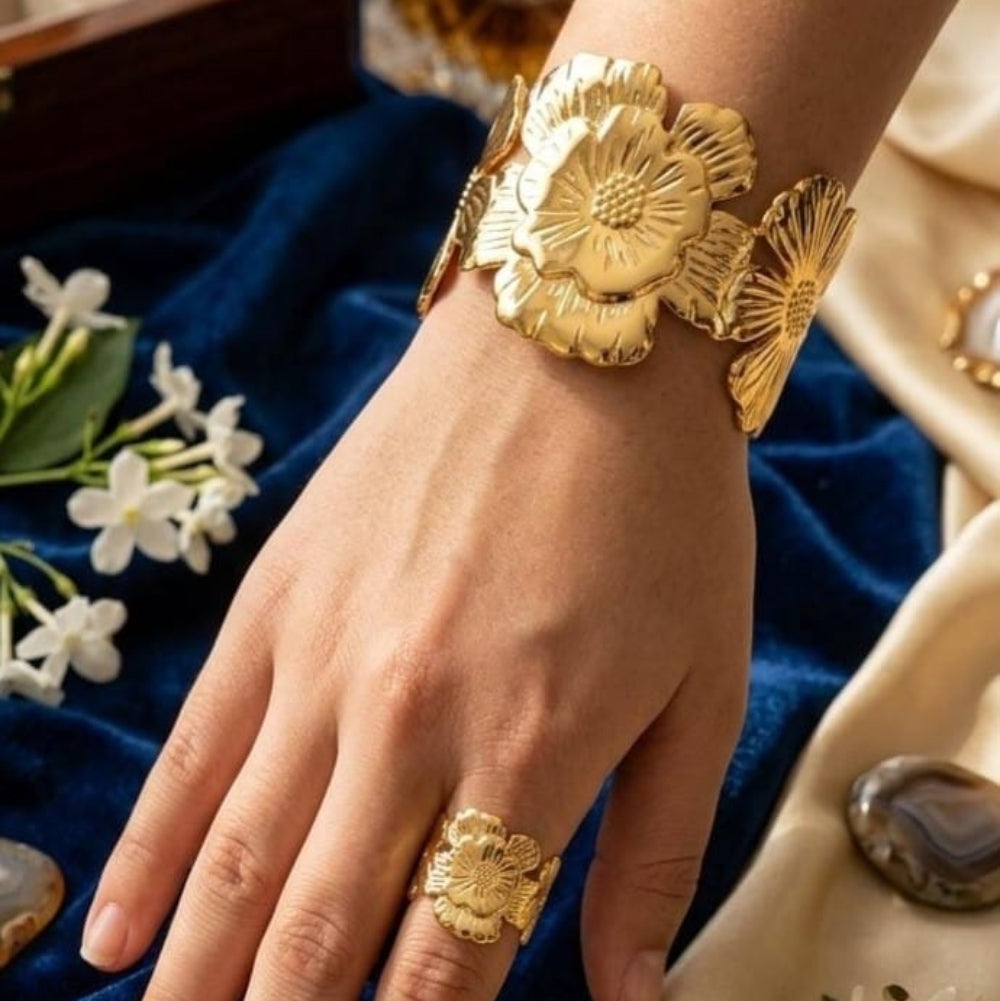 Bloom Sculptural Statement Cuff Bracelet & Ring Set - 2 Pcs Set