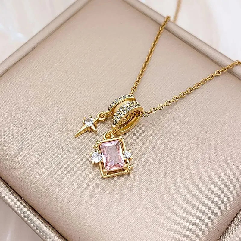 Gold Plated Pink Zircon Gemstone & Star Dangle Pendant Necklace
