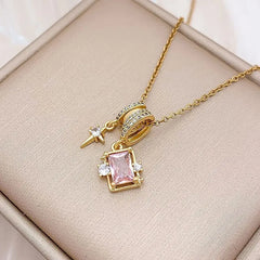 Gold Plated Pink Zircon Gemstone & Star Dangle Pendant Necklace
