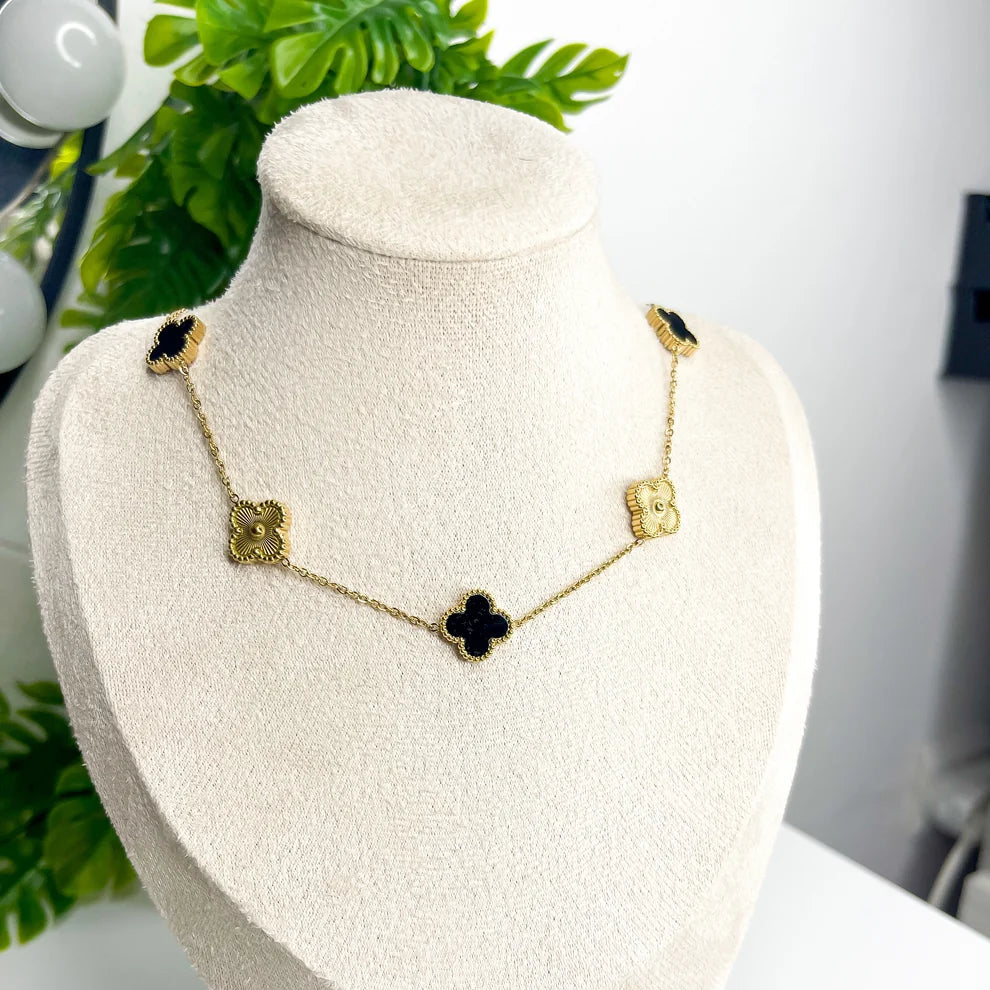 Stainless Steel Black Onyx Clover Necklace