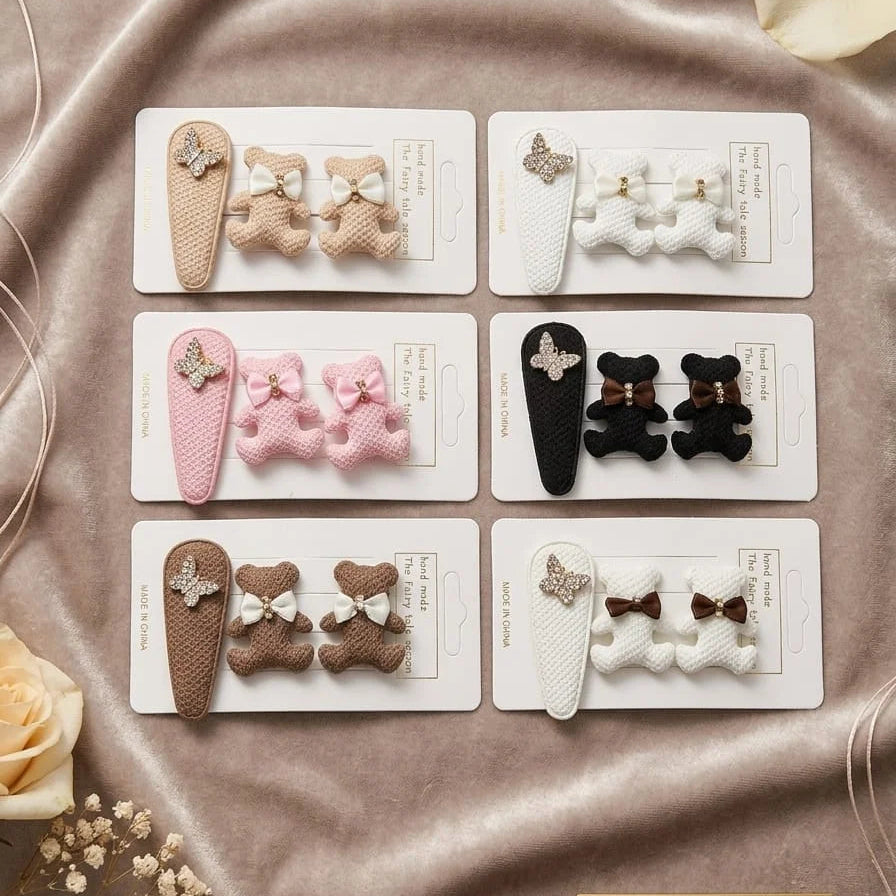 Cute Knit Bear & Rhinestone Butterfly Hair Clip - Each