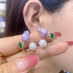 Stainless Steel Pink and Purple Tulip Pearl Earrings For Girls - Each Pair