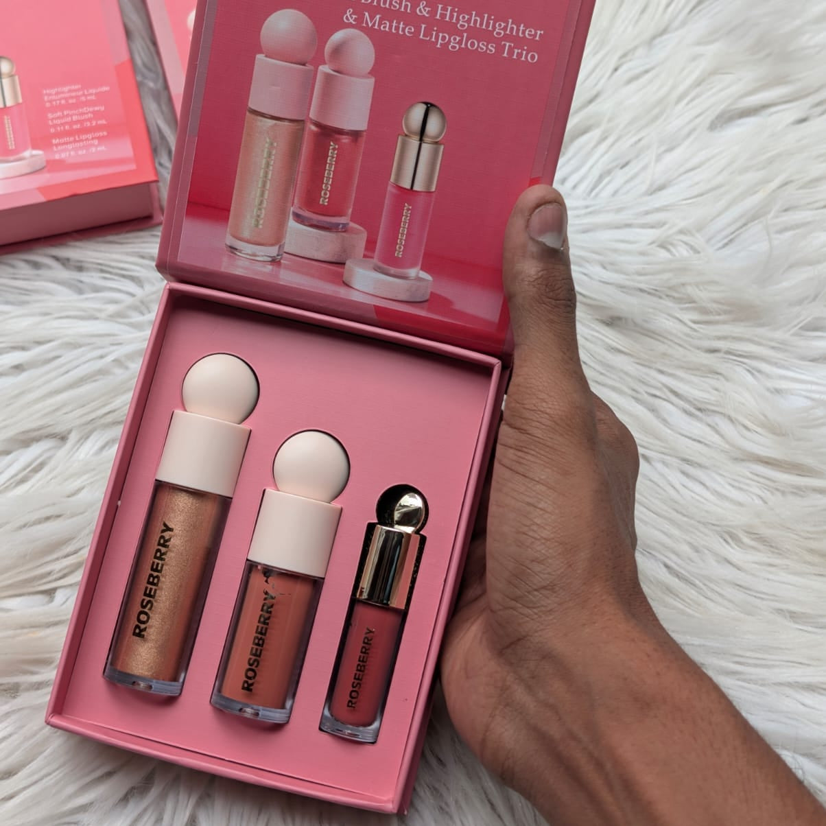 Rose Berry Liquid Blush, Highlighter & Matte Lipgloss Trio set