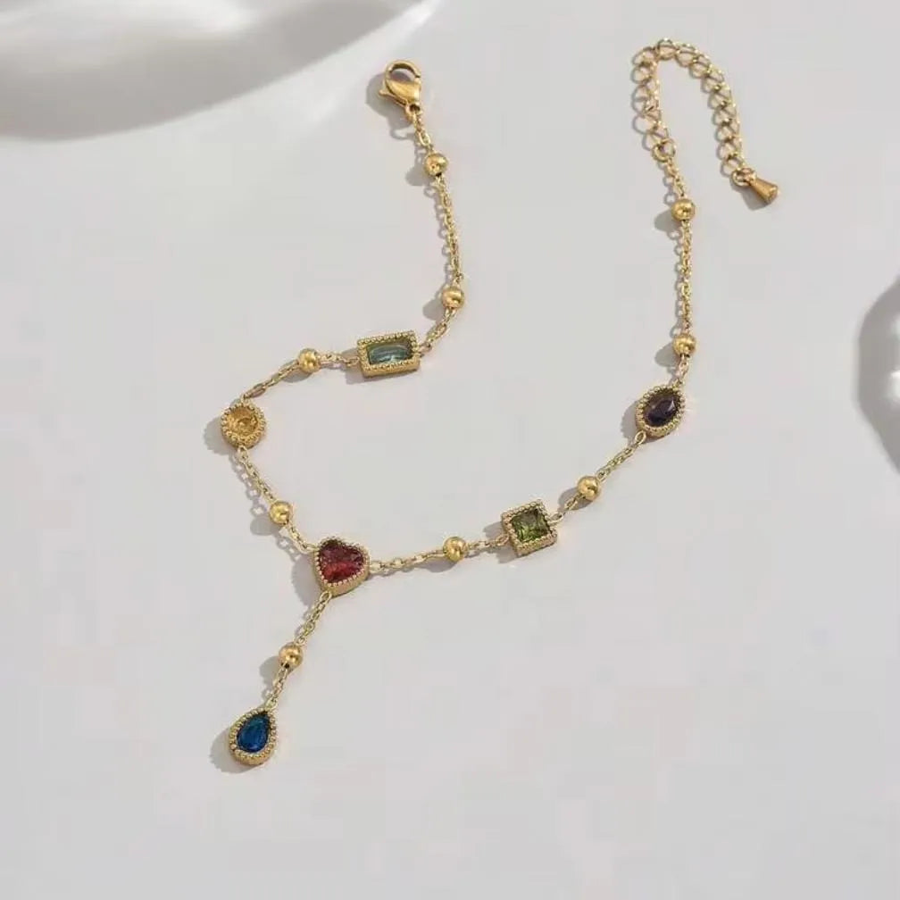 Gold-Plated Multicolor Crystal & Gemstone Charm Anklet