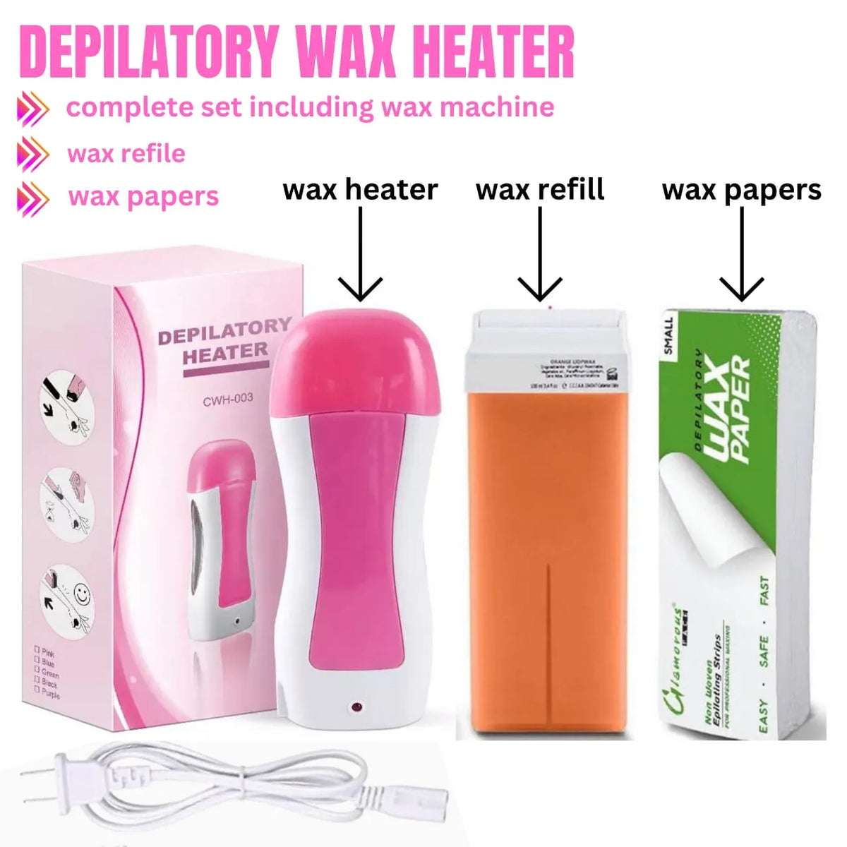 3 in 1 Hot Cartridge Depilatory Heater Wax Waxing (Heater + Refill + Paper)