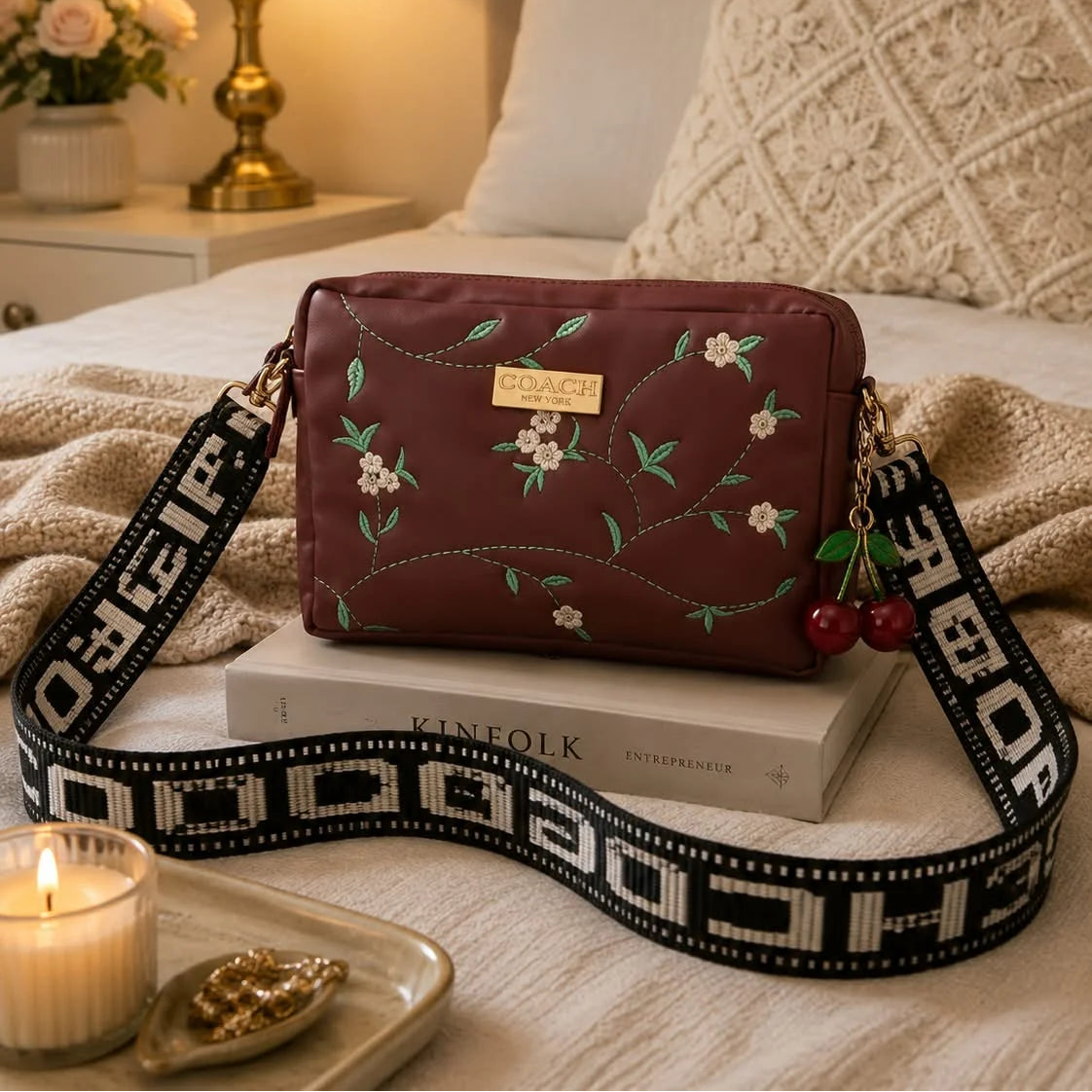 Coach Floral Crossbody Bag with Cherry Charm