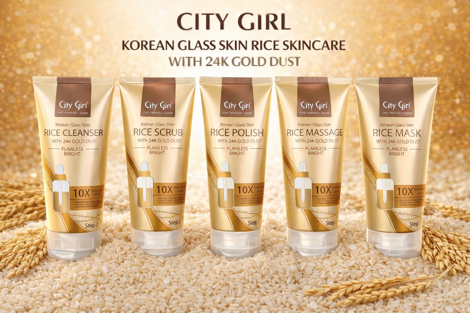 City Girl Korean Glass Skin Rice Facial Kit with 24K Gold Dust - 5 Steps