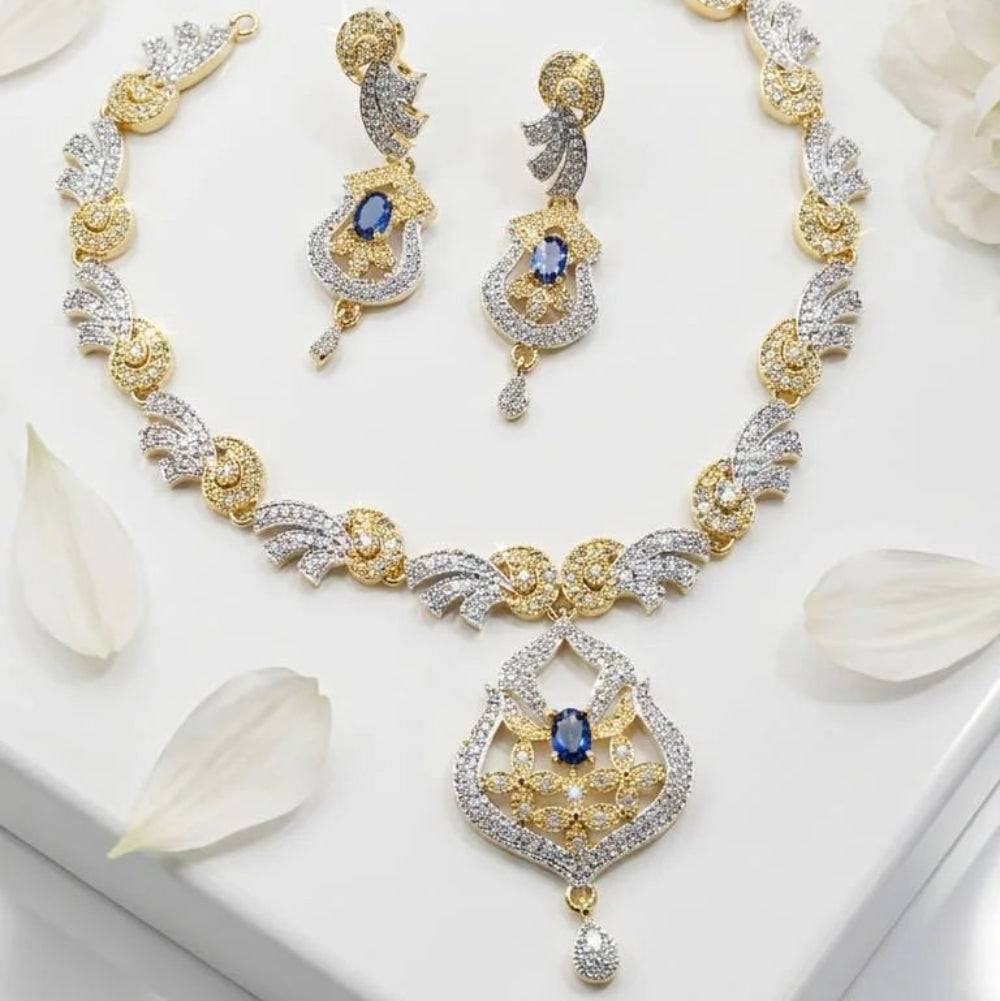 Two-Tone Artificial Zircon Necklace and Earring Set