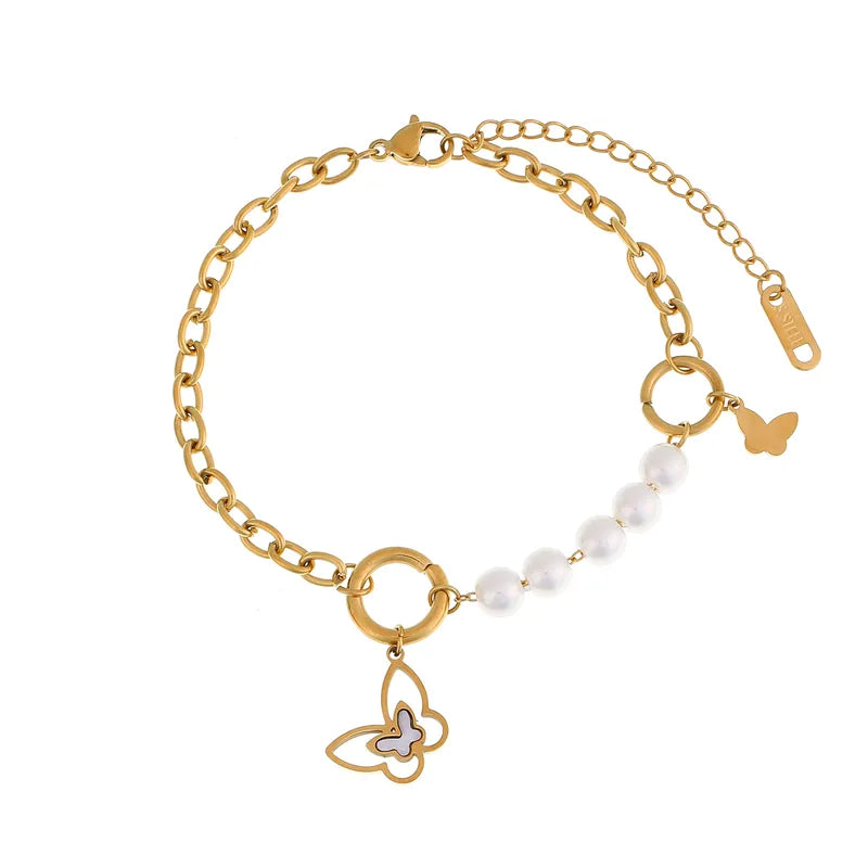 Stainless steel Butterfly Pearl Charm Bracelet - Each