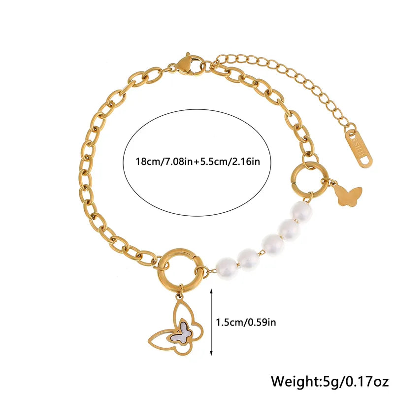 Stainless steel Butterfly Pearl Charm Bracelet - Each