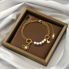 Stainless steel Butterfly Pearl Charm Bracelet - Each
